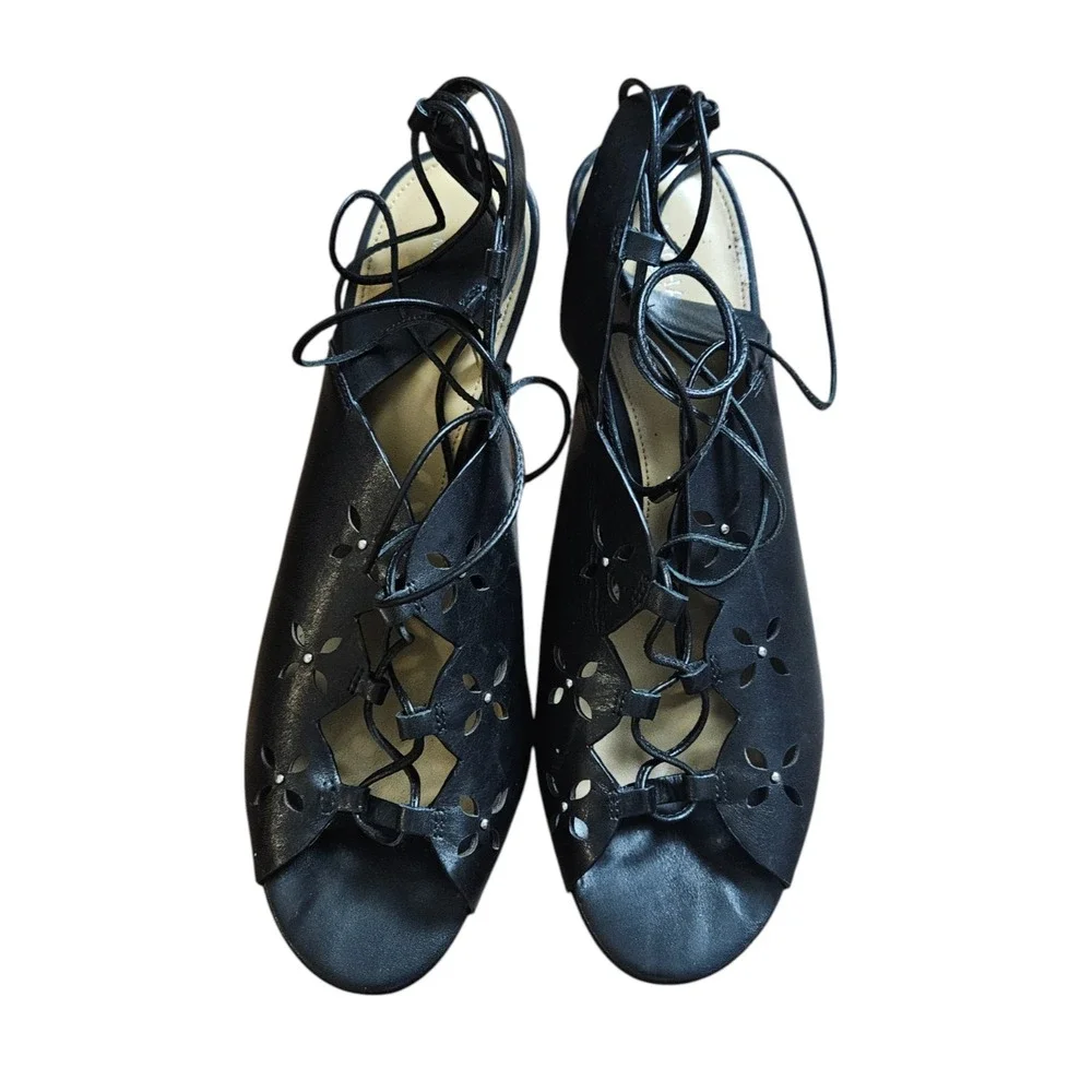 Michael Kors Thalia‎ Lace-Up Dress Sandals 9.5 M Peep Toe Cut Out Leather Black